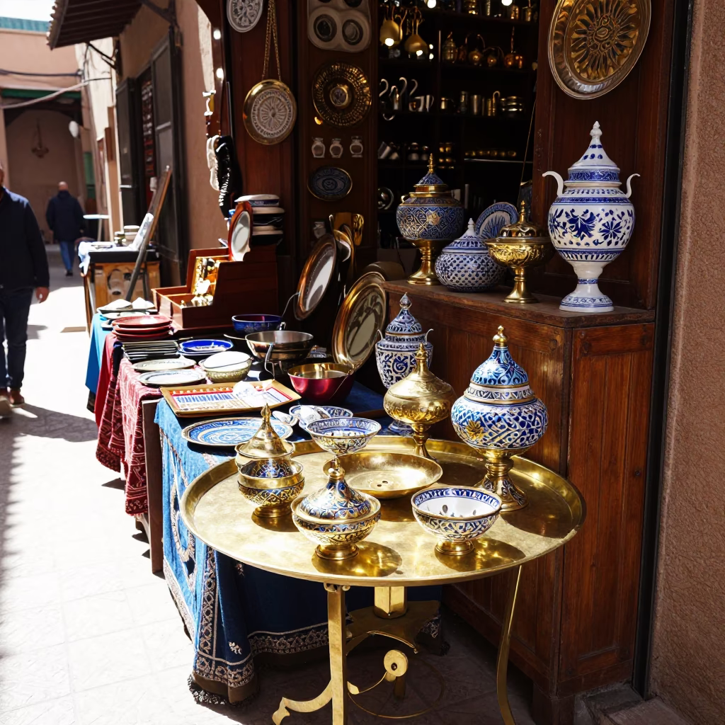 Midday Marrakech Souk Stall with Brass Tabletop and Enamel Pitcher in in Marrakech, Morocco