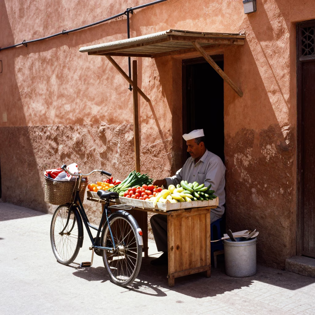 Midday Marrakech Street Scene with Bicycle Basket and Local Commerce in in Marrakech, Morocco