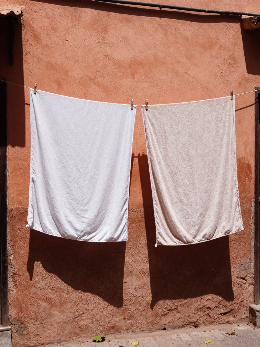 Midday Marrakech Street Scene with Drying Towels and Leaf Shadows on Traditional Doorframe in in Marrakech, Morocco