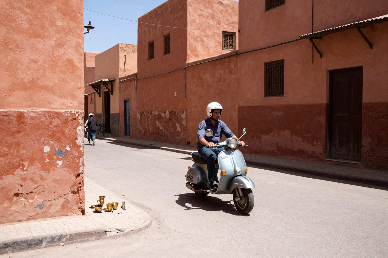 Midday Marrakech Street Scene with Scooter and Brass Hardware Details in in Marrakech, Morocco