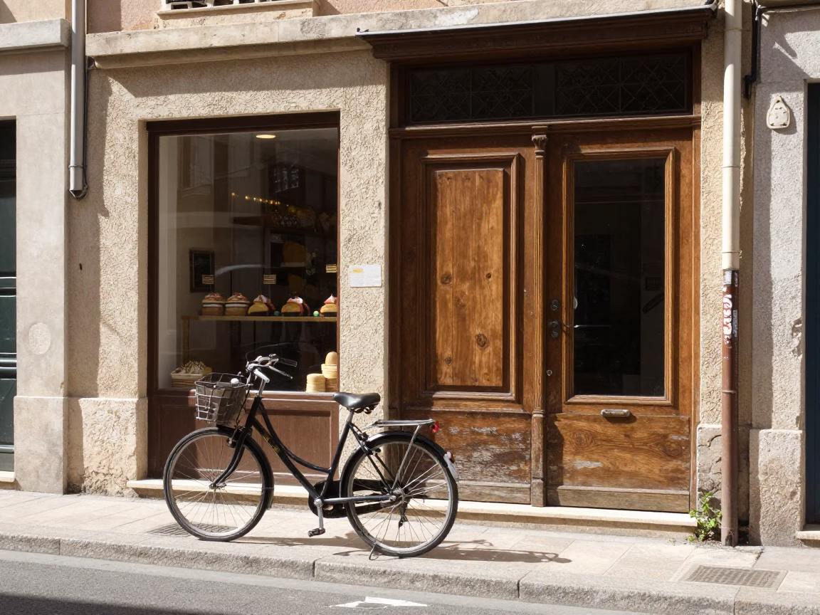 Midday Marseille Street Scene with Bicycle and Bakery Exterior in in Marseille, France