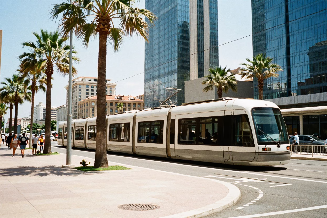 Midday Marseille Street Scene with Monorail Palm Trees and Glass Towers in in Marseille, France