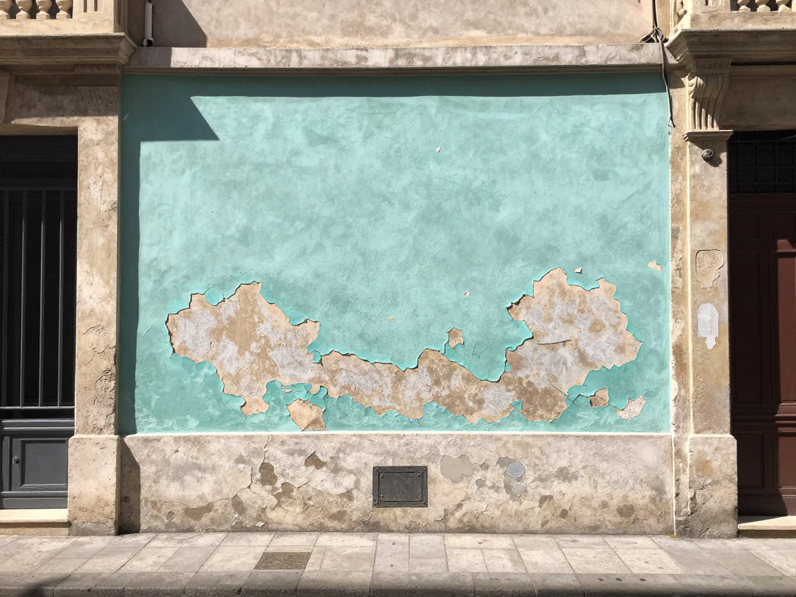 Midday Marseille Street Scene with Peeling Turquoise Paint and Urban Scratches in in Marseille, France
