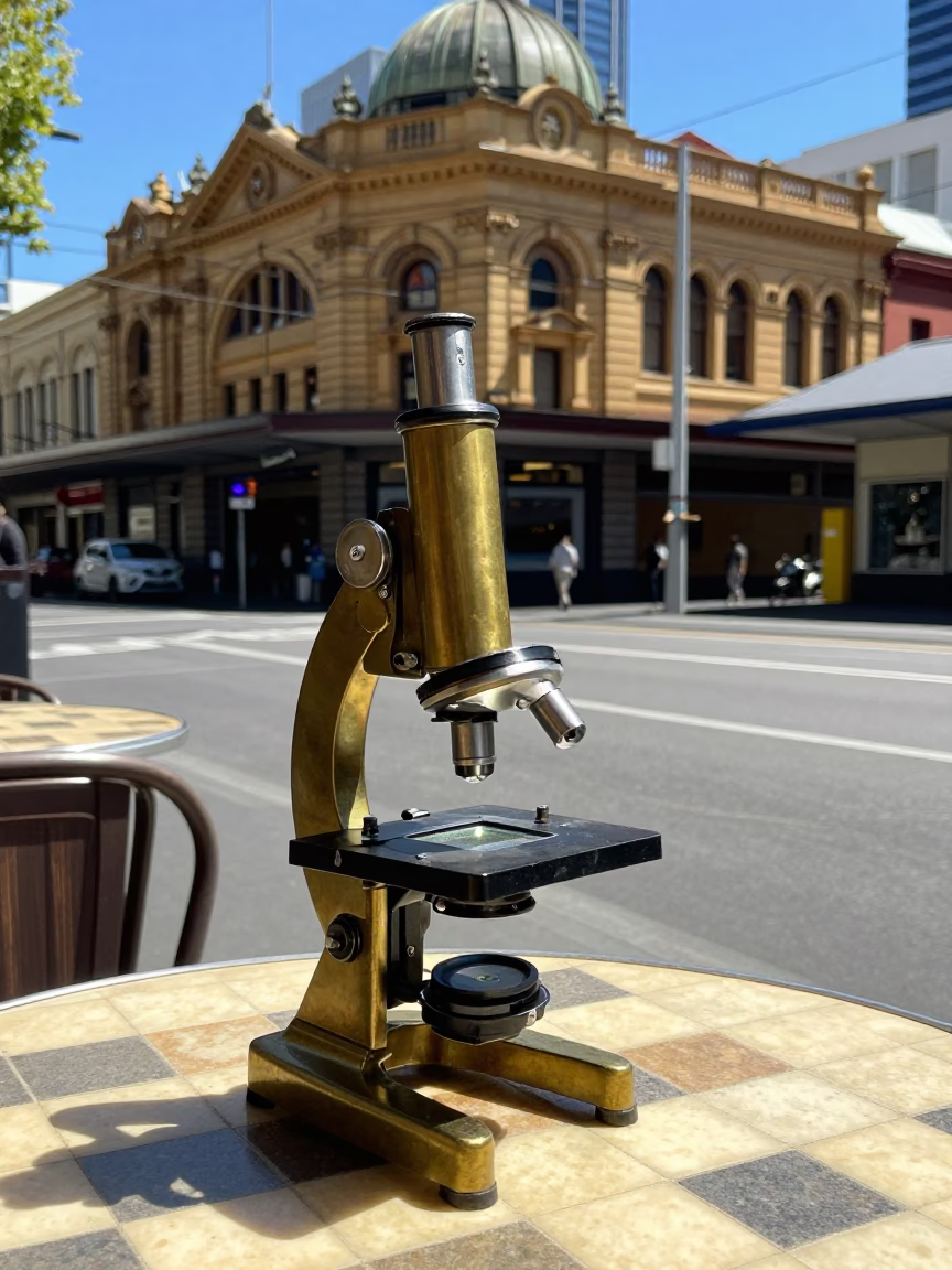 Midday Melbourne Street Scene with Vintage Brass Microscope on Cafe Table in in Melbourne, Victoria, Australia