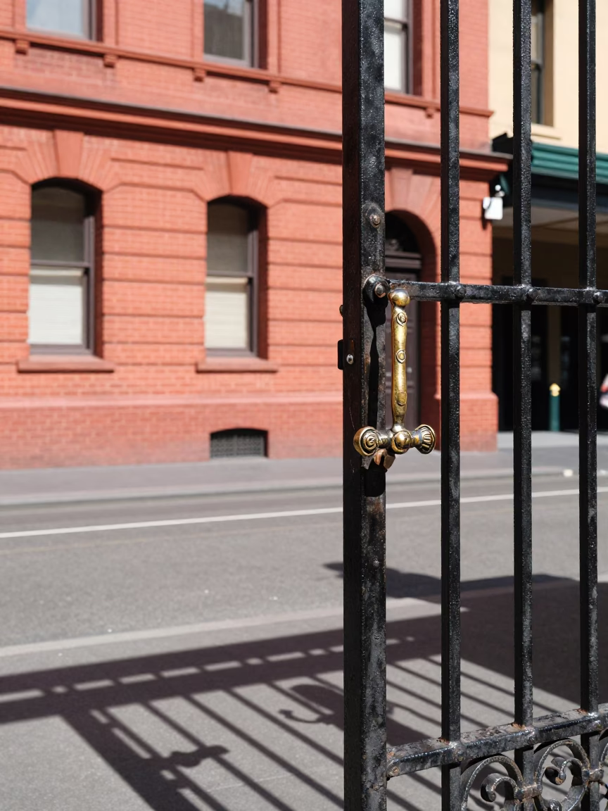 Midday Melbourne Street Scene with Vintage Gate Handle and Woven Baskets in Victoria in in Melbourne, Victoria, Australia