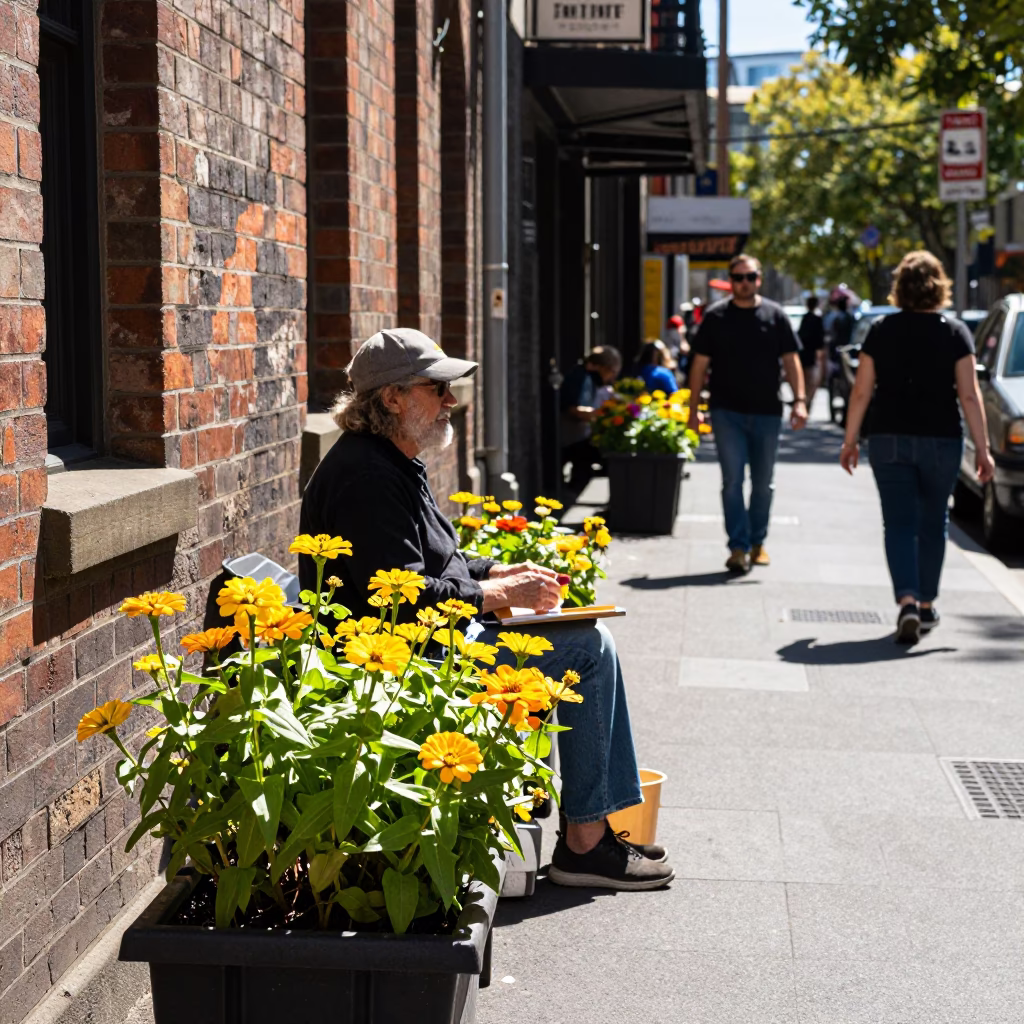 Midday Melbourne Street Scene with Zinnias and Urban Detail in in Melbourne, Victoria, Australia