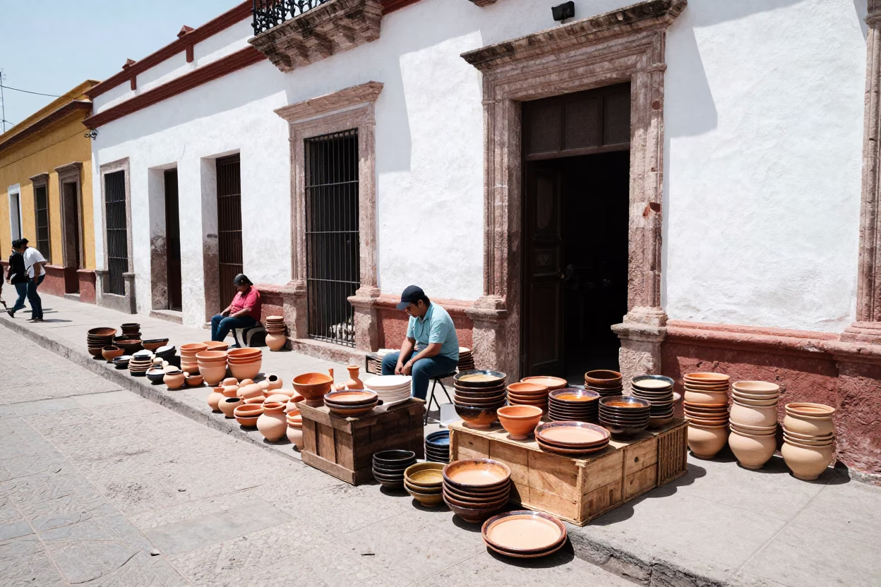 Midday Merida Street Scene with Stacked Pottery Wares and Colonial Architecture in in Merida, Mexico