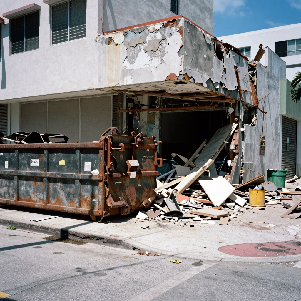 Midday Miami Florida Street Scene Demolition Dumpster and Gritty Urban Decay in in Miami, Florida, United States