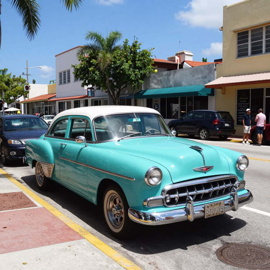 Midday Miami Florida Street Scene with Vintage Car and Local Shopfront in in Miami, Florida, United States