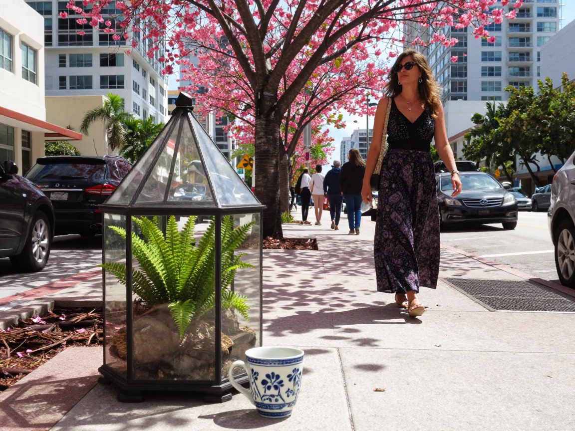 Midday Miami Street Scene with Cherry Blossoms and Urban Elements in in Miami, Florida, United States