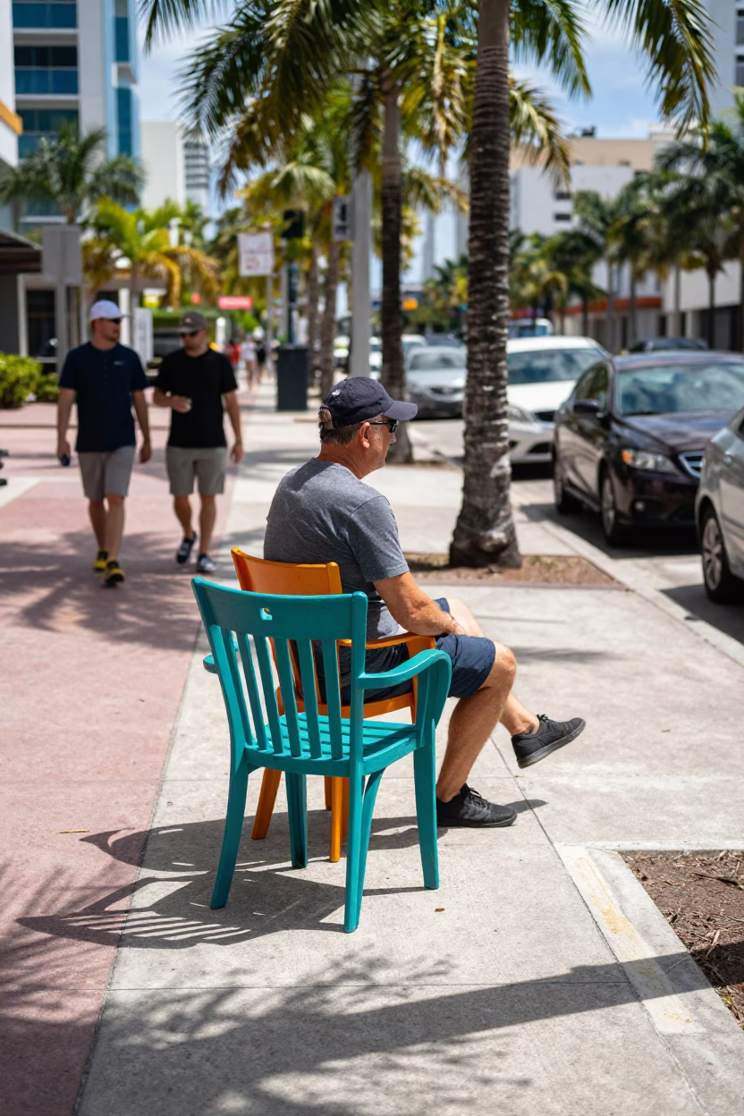 Midday Miami Street Scene with Colorful Chairs and Urban Details in in Miami, Florida, United States