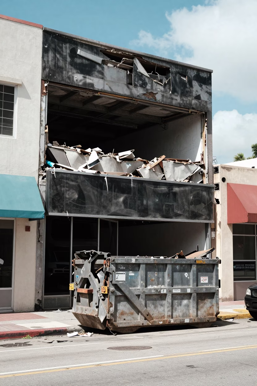 Midday Miami Street Scene with Demolition Dumpster and Gutted Storefront Facade in in Miami, Florida, United States