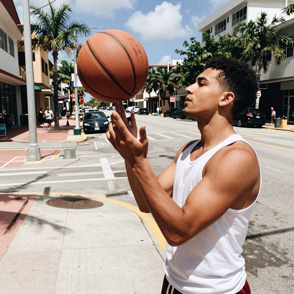 Midday Miami Street Scene with Leather Basketball and Pomegranate in Bright Sunshine in in Miami, Florida, United States