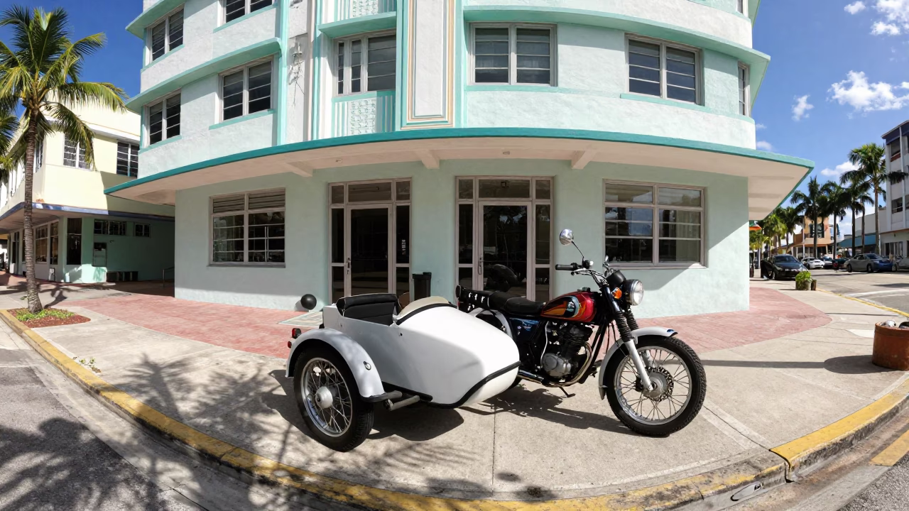 Midday Miami Street Scene with Vintage Motorcycle Sidecar and Tropical Orchid in in Miami, Florida, United States
