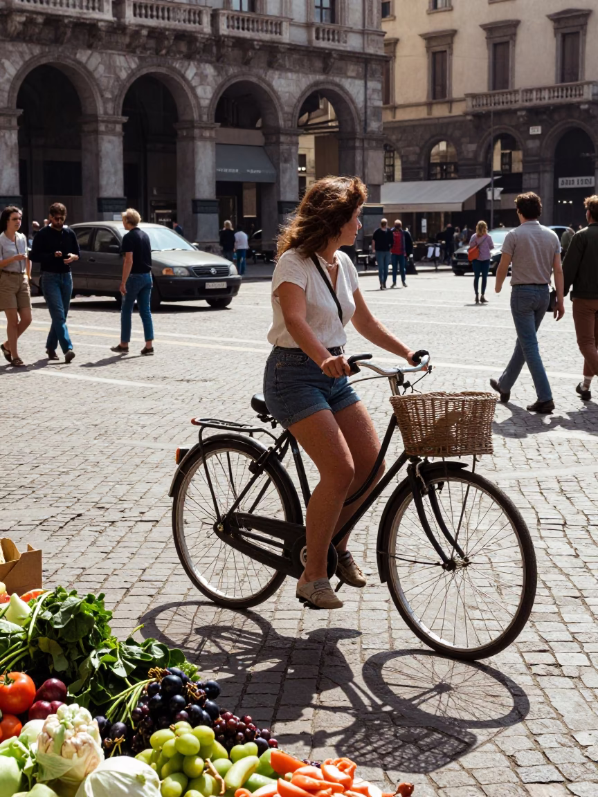 Midday Milan Street Scene with Vintage Bicycle and Local Market Goods in in Milan, Italy