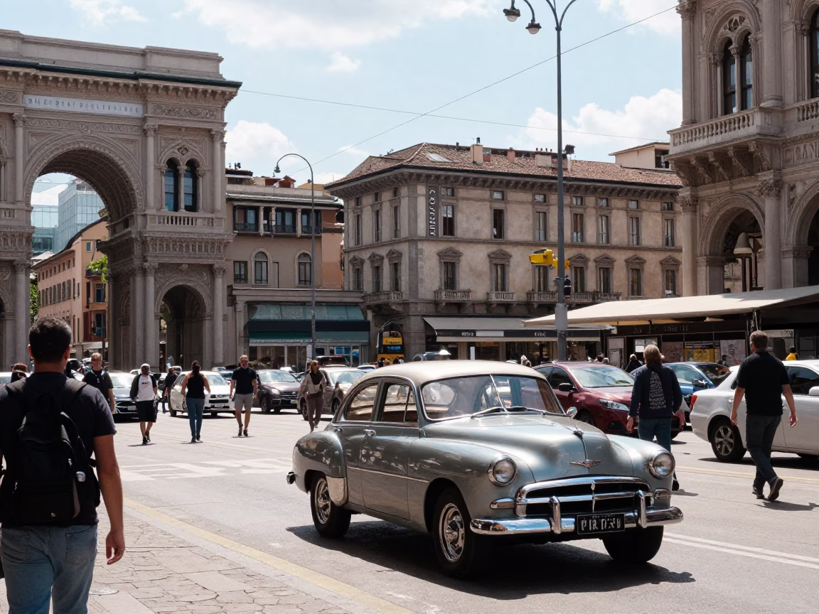 Midday Milan Street Scene with Vintage Car and Rooftop Water Tower in in Milan, Italy