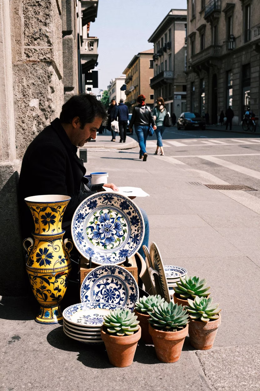 Midday Milan Street Scene with Vintage Majolica Plate and Potted Succulents in in Milan, Italy