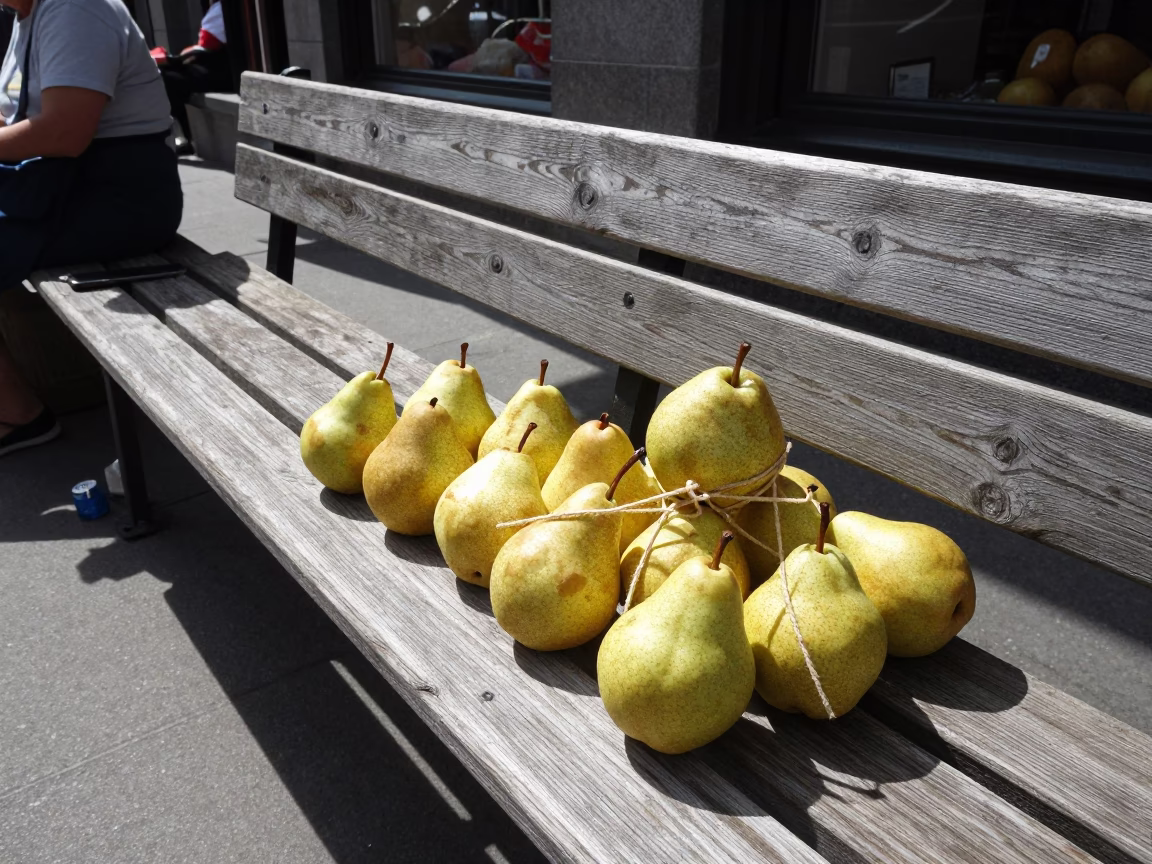 Midday Montreal Street Food Scene with Pears and Twine on Wooden Bench in in Montreal, Quebec, Canada