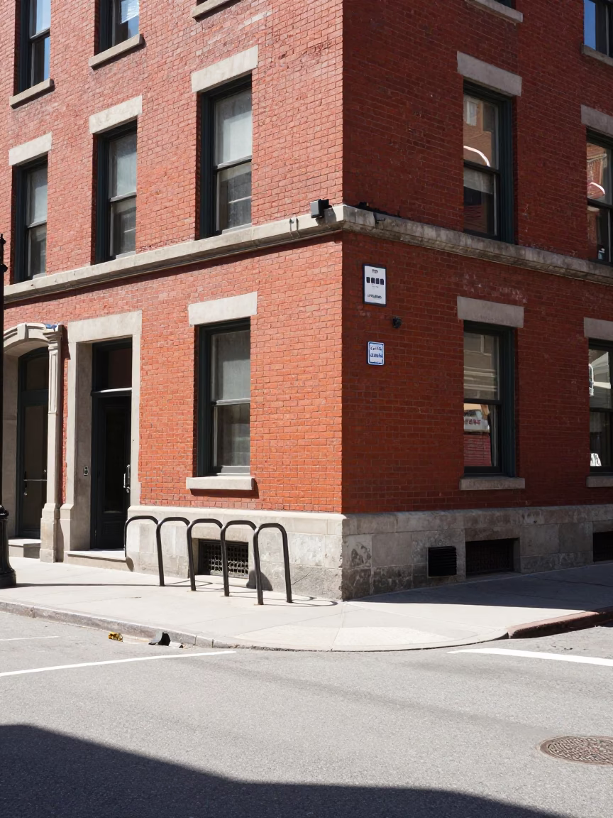Midday Montreal Street Scene with Red Brick Architecture and Bicycle Rack in in Montreal, Quebec, Canada