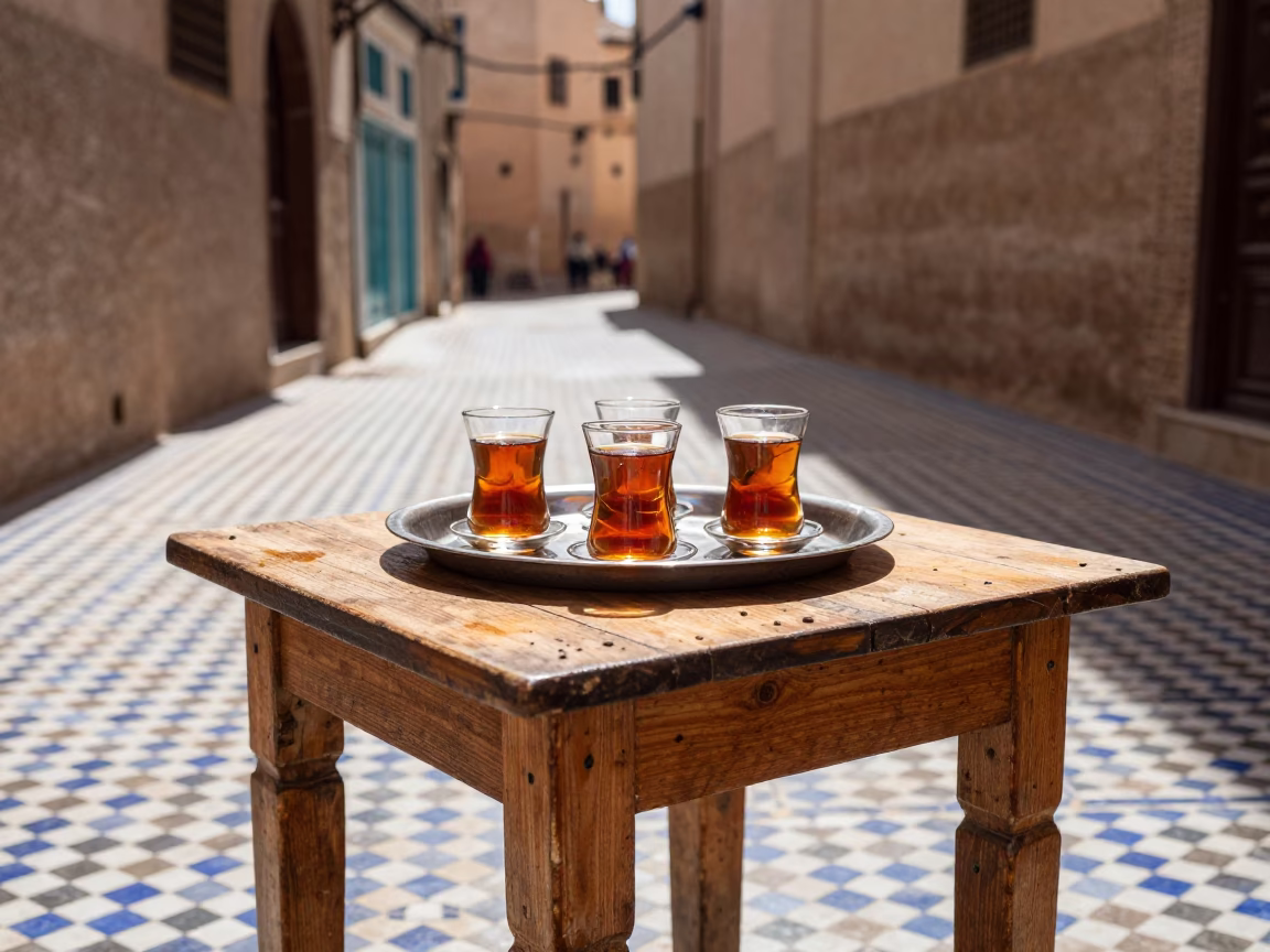Midday Moroccan Tea Service on Traditional Zellige Tiles in Fez Medina in in Fez, Morocco