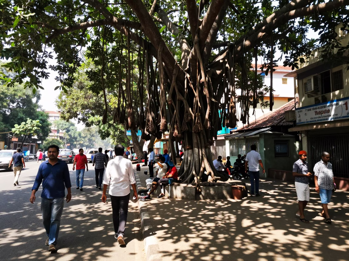 Midday Mumbai Street Scene with Banyan Tree and Pedestrians in in Mumbai, India