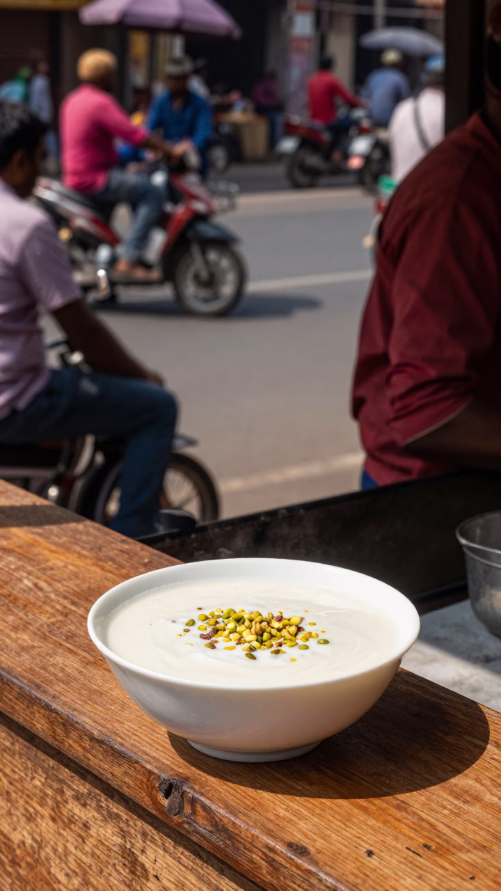 Midday Mumbai Street Scene with Bowl of Kheer Sagar and Pistachios in in Mumbai, India