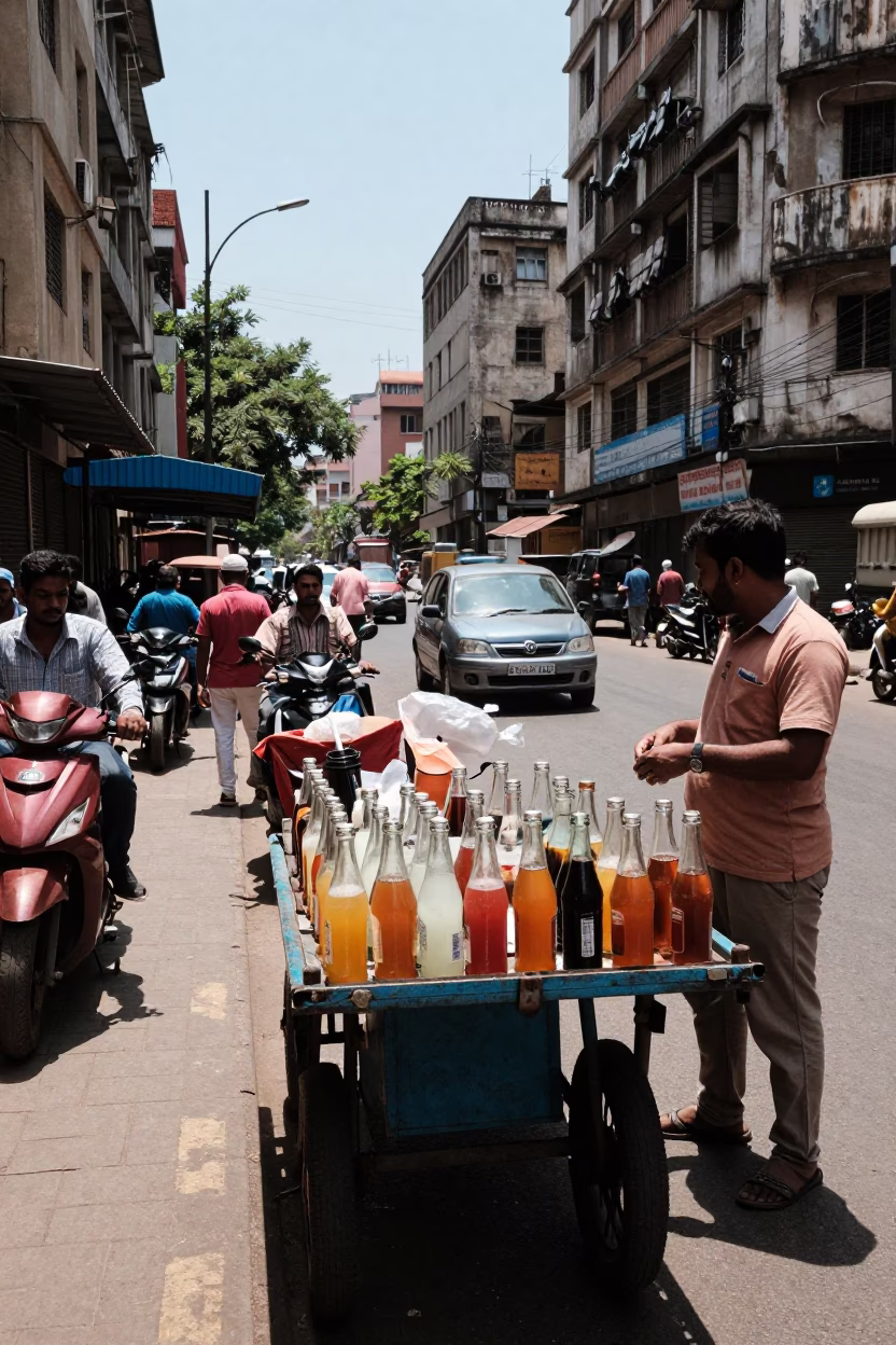Midday Mumbai Street Scene with Glass Bottles and Urban Infrastructure in India in in Mumbai, India