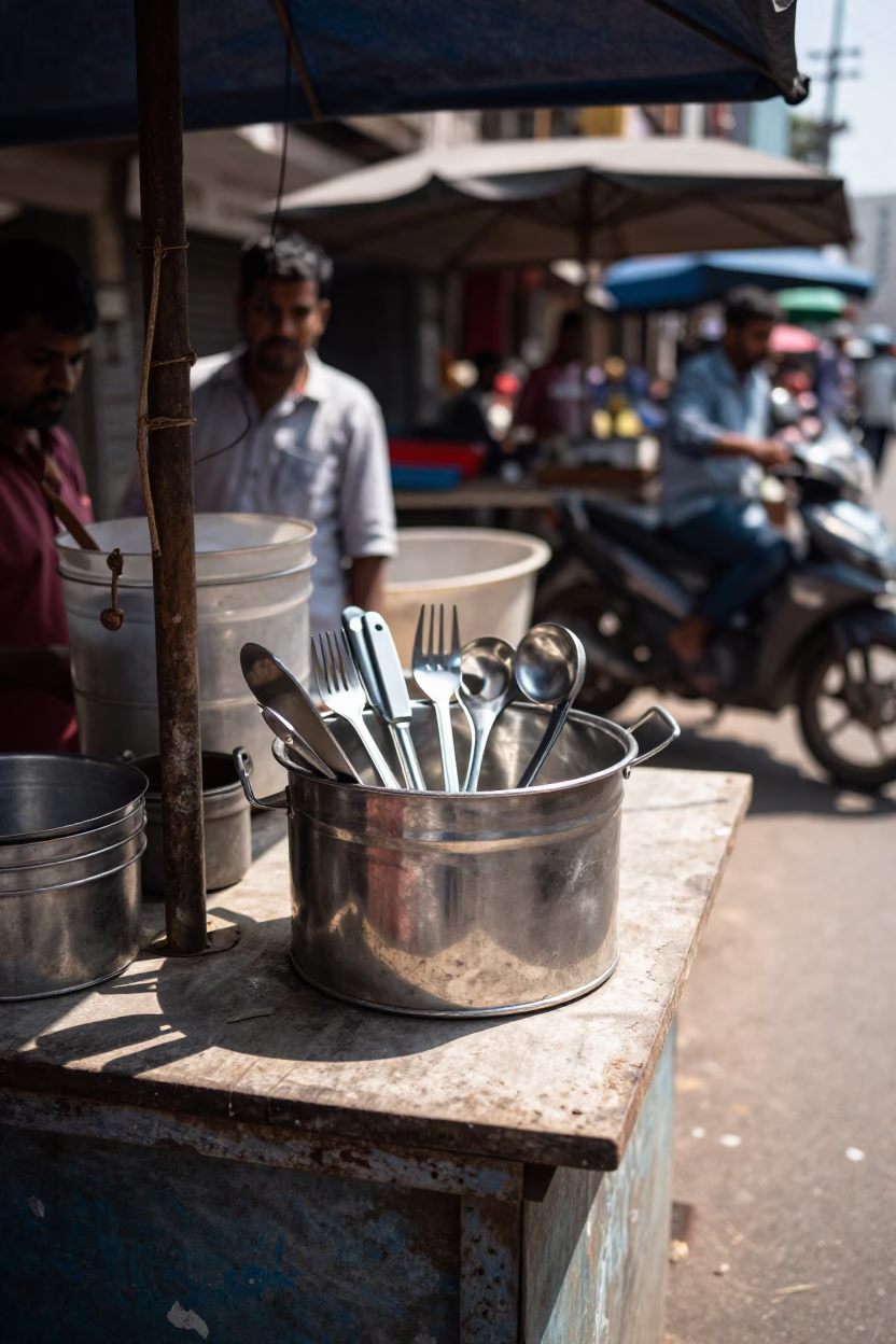 Midday Mumbai Street Scene with Stainless Steel Utensil Crock and Bowl in in Mumbai, India