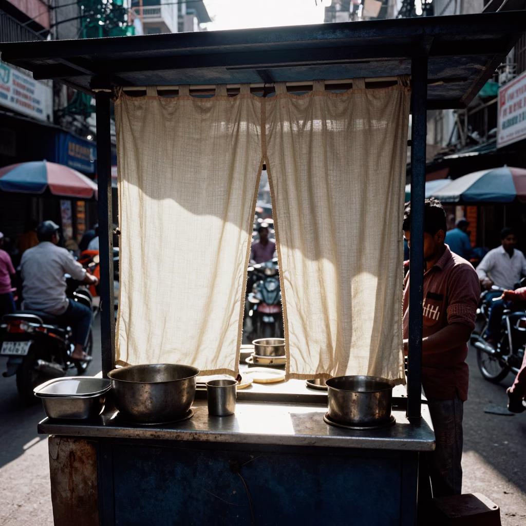 Midday Mumbai Street Scene with Window Light on Fabric Seam and Sink Strainer Details in in Mumbai, India