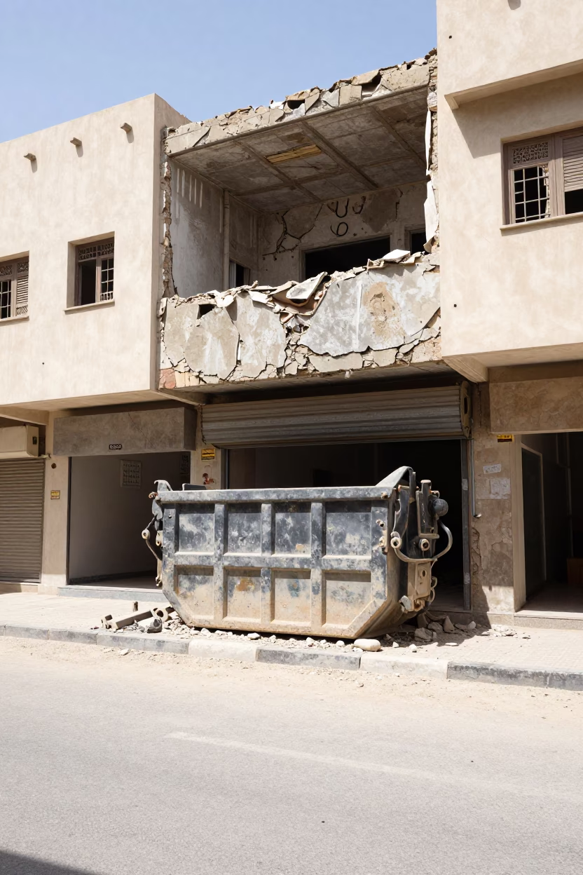 Midday Muscat Oman Street Scene with Demolition Dumpster and Gutted Storefront Facade in in Muscat, Oman