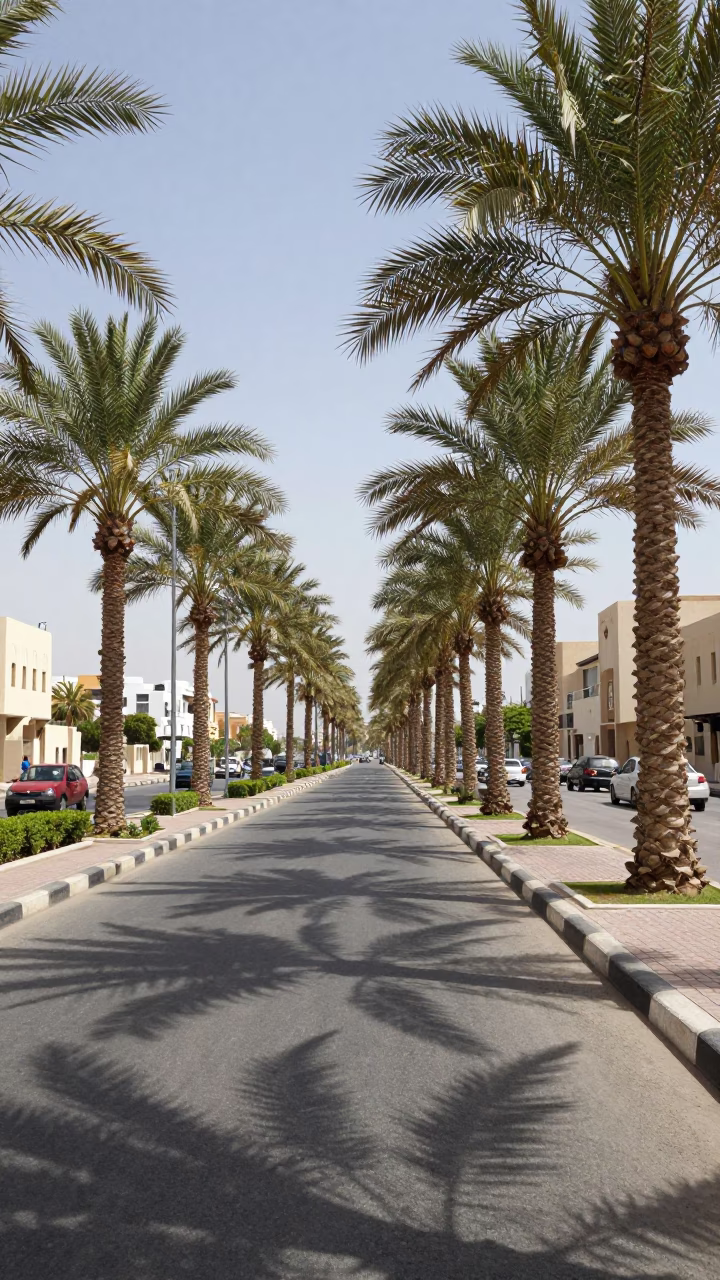 Midday Muscat Street Scene with Palm Tree Avenue and Funicular Hill View in Oman in in Muscat, Oman