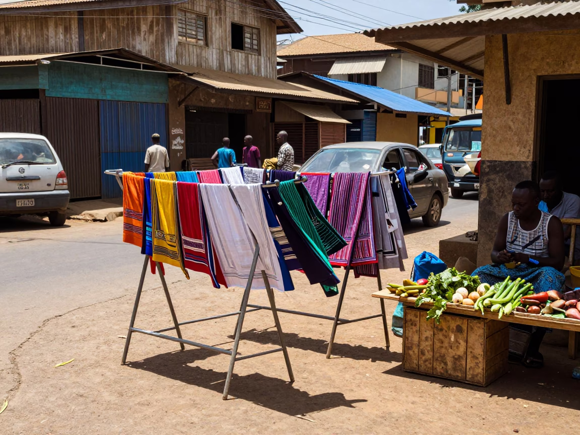 Midday Nairobi Street Scene with Drying Rack and Local Commerce in in Nairobi, Kenya