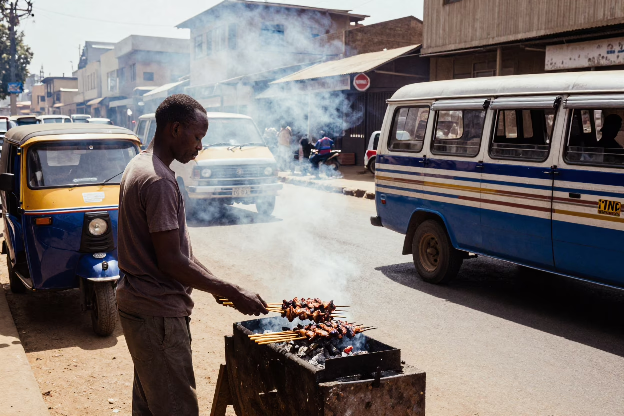 Midday Nairobi Street Scene with Grilled Kebab Vendor and Busy Traffic in in Nairobi, Kenya
