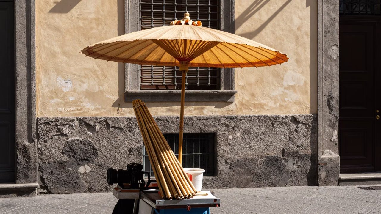 Midday Naples Street Scene with Folded Bamboo Parasol and Tiramisu in in Naples, Italy