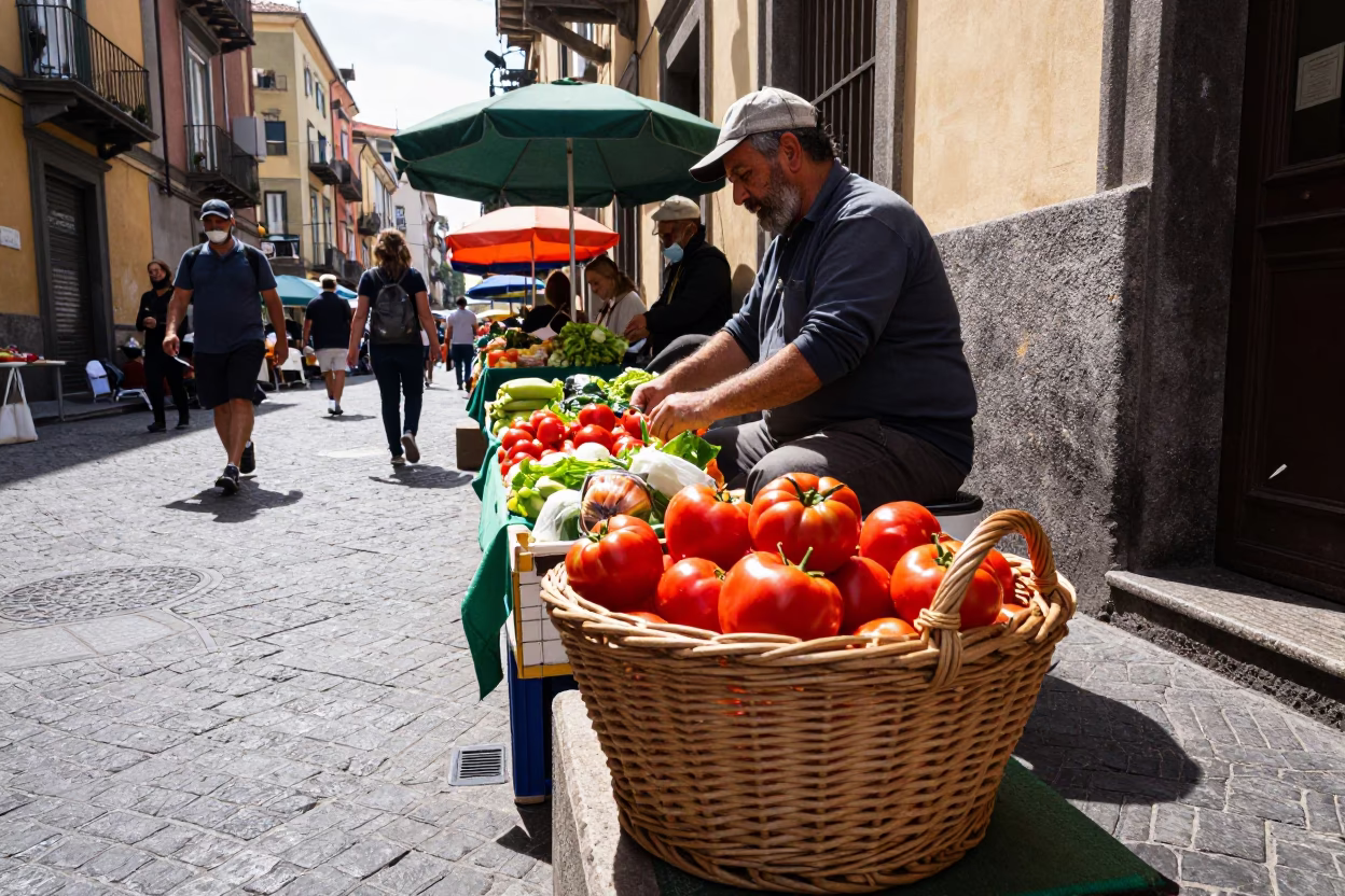 Midday Naples Street Scene with Local Market Basket and Bottle in in Naples, Italy