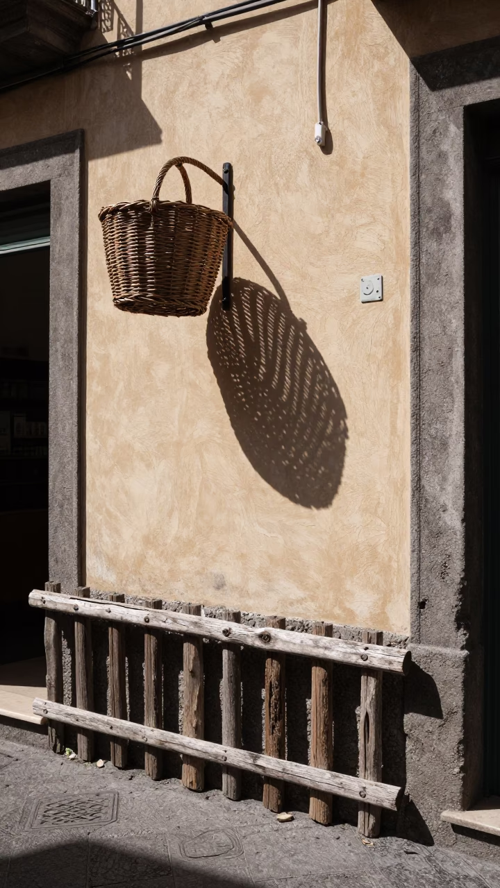Midday Naples Street Scene with Wicker Shadow on Plaster and Peg Rail in in Naples, Italy