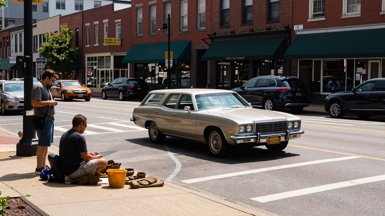 Midday Nashville Tennessee Street Scene with Vintage Car and Clay Pot Vendor in in Nashville, Tennessee, United States