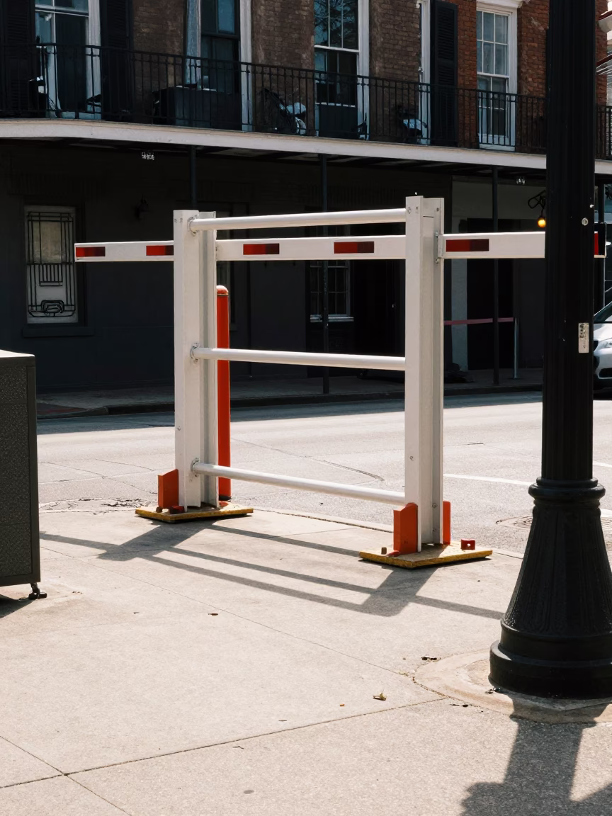 Midday New Orleans Street Scene with Construction Elevator Gate and Rebar Bundles in Louisiana in in New Orleans, Louisiana, United States