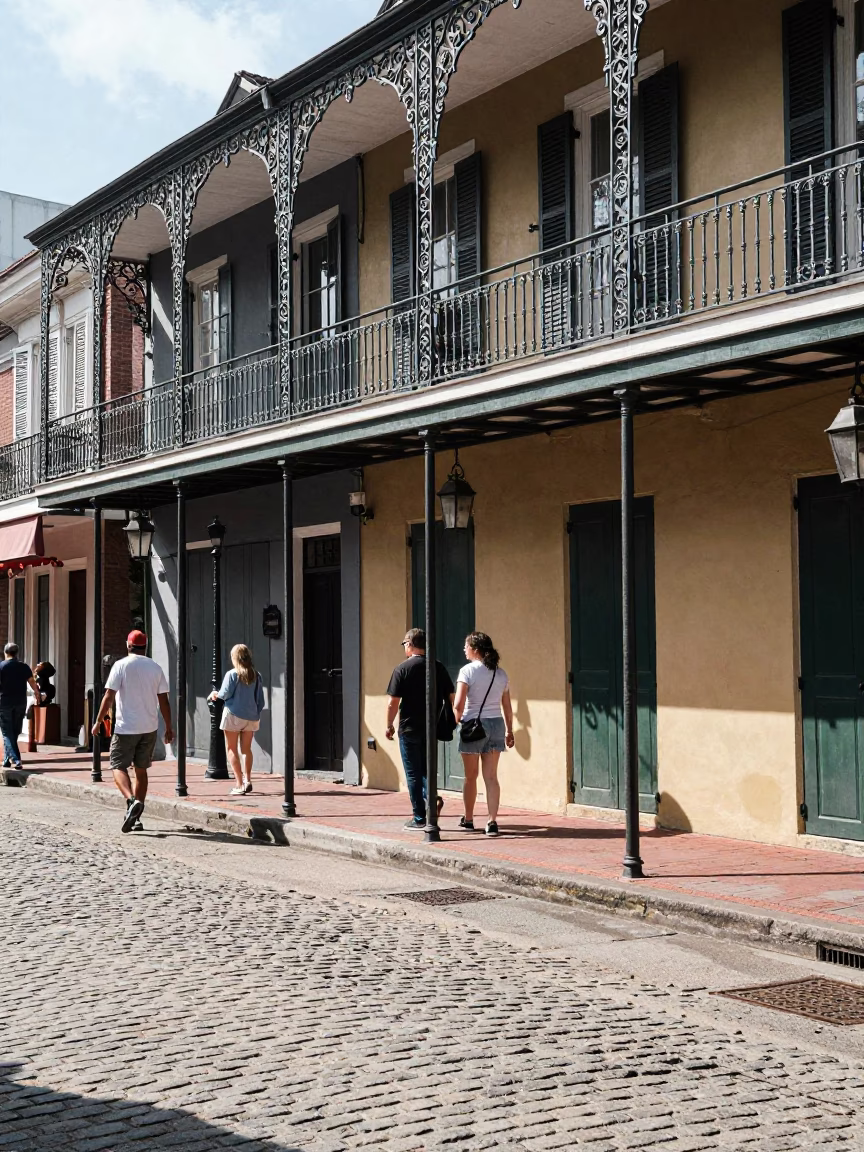 Midday New Orleans Street Scene with Local Pedestrians and Classic Architecture in in New Orleans, Louisiana, United States
