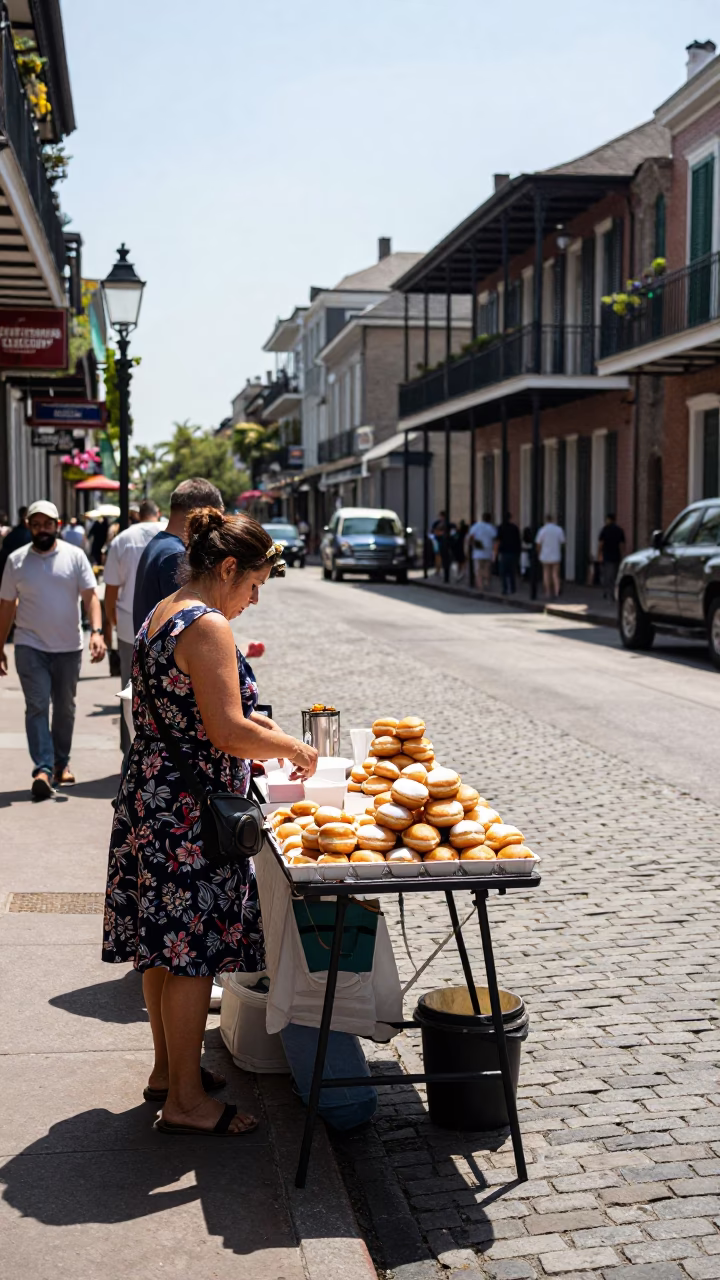 Midday New Orleans Street Scene with Local Vendors and Vintage Details in in New Orleans, Louisiana, United States
