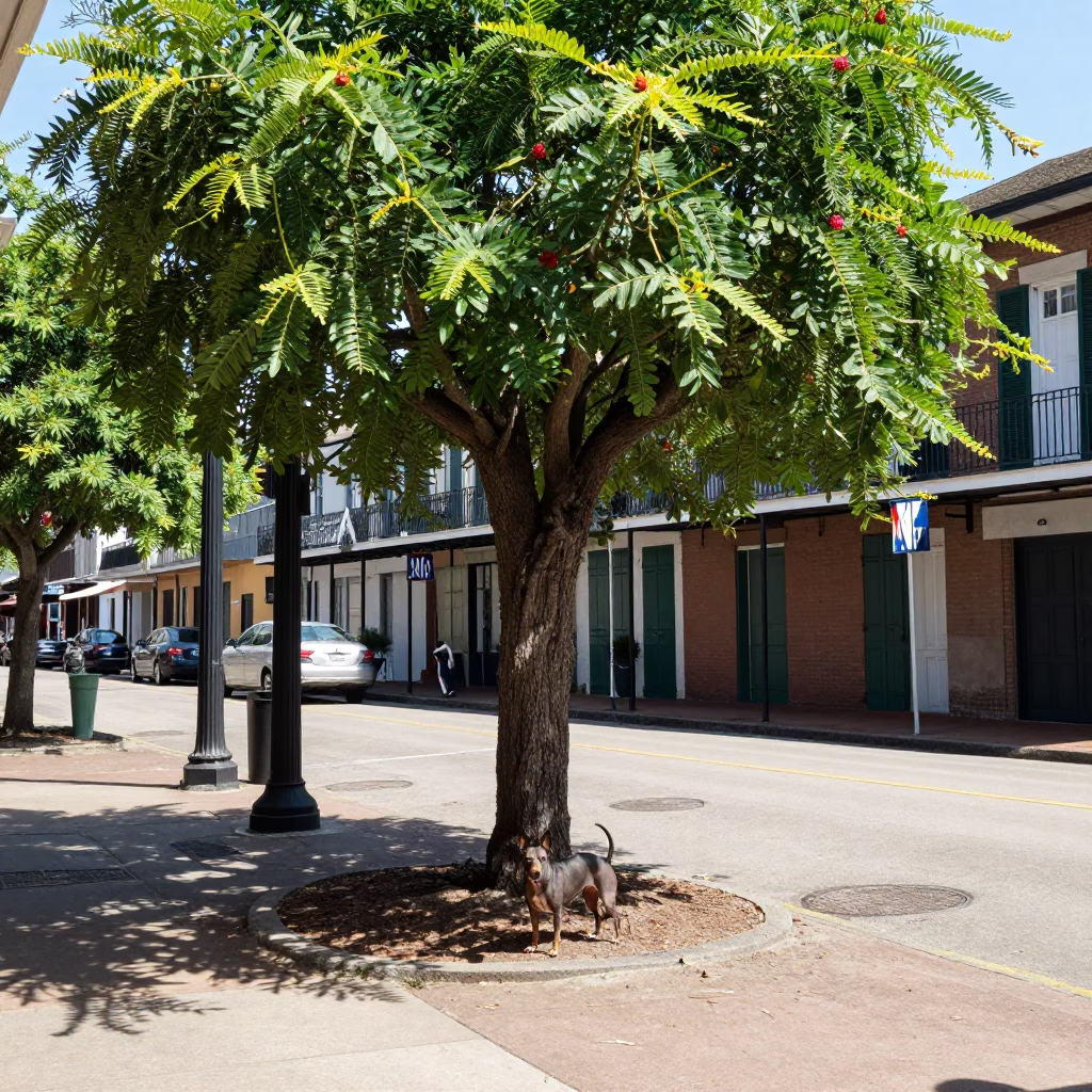 Midday New Orleans Street Scene with Tamarind Tree and American Hairless Terrier in in New Orleans, Louisiana, United States