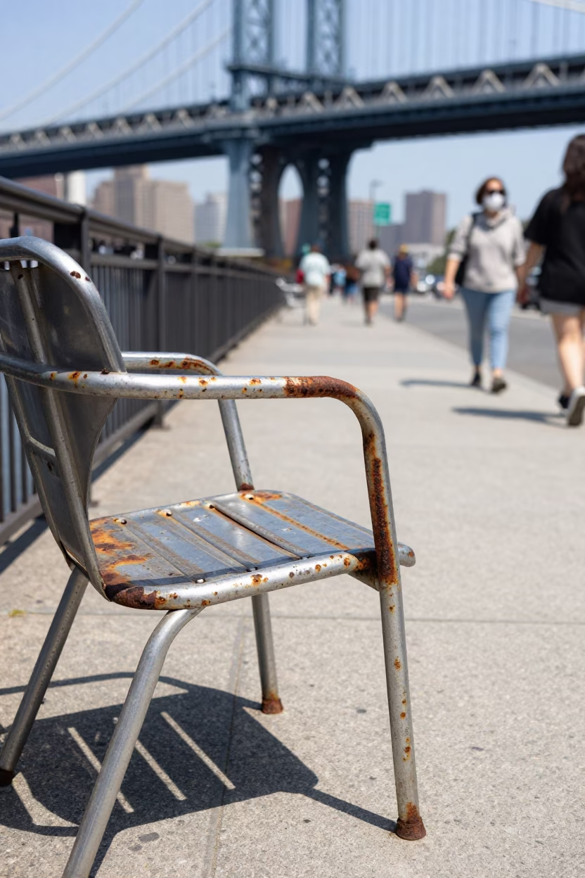 Midday New York Street Scene with Bridge Pier and Rusty Chair in in New York, New York, United States