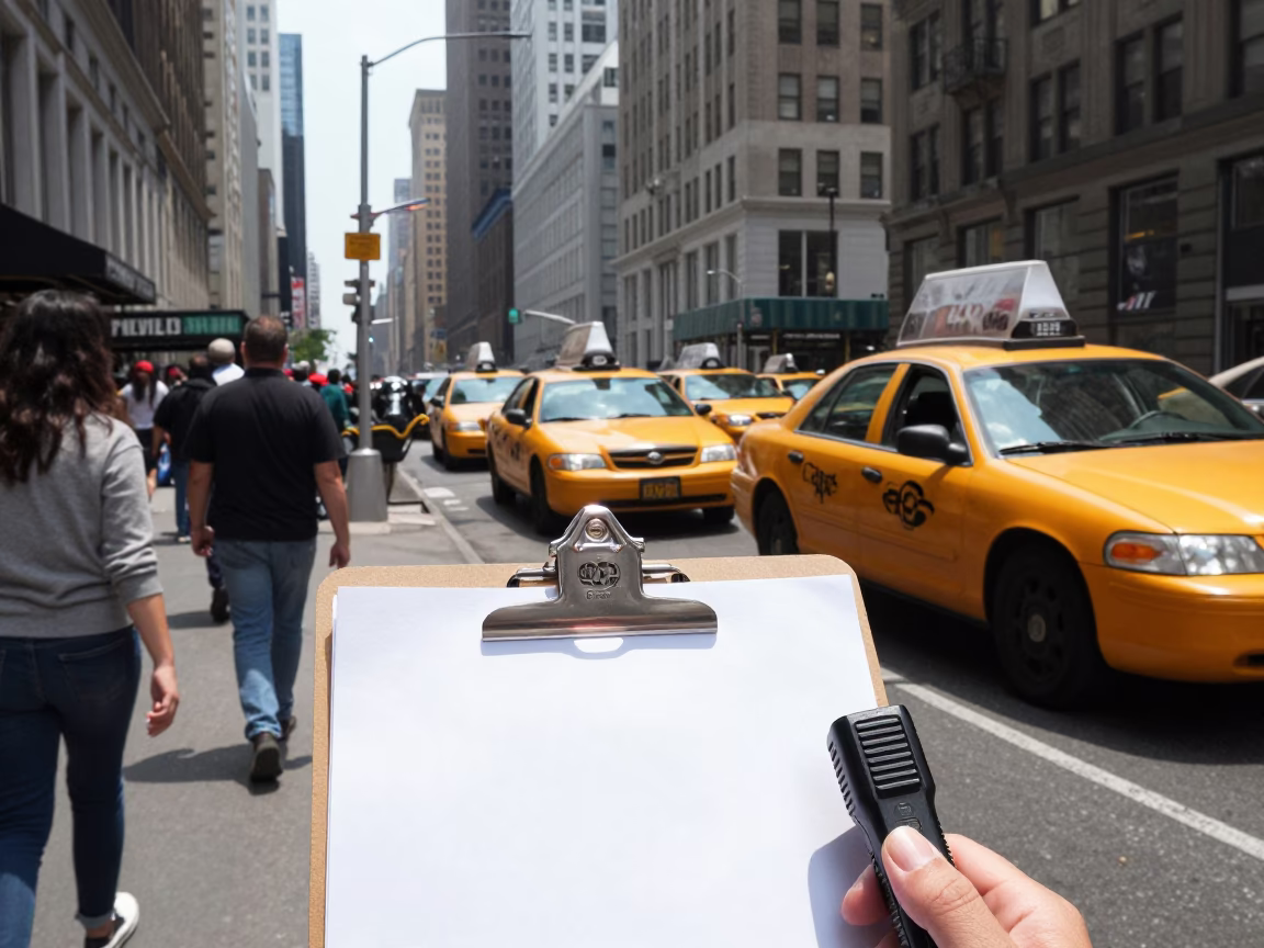 Midday New York Street Scene with Clipboard and Recorder Amidst Urban Activity in in New York, New York, United States