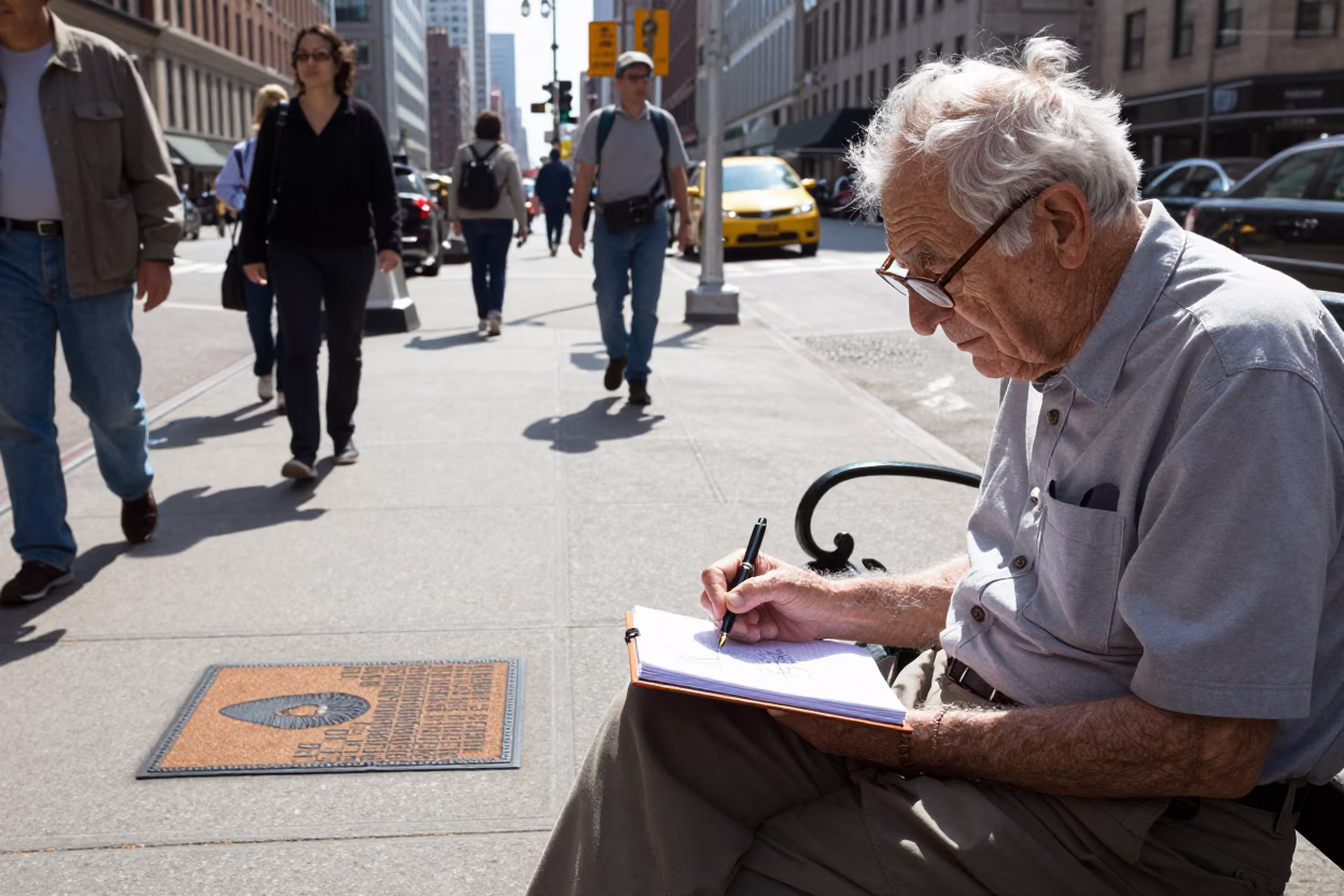 Midday New York Street Scene with Doormat and Fountain Pen on Sidewalk in in New York, New York, United States