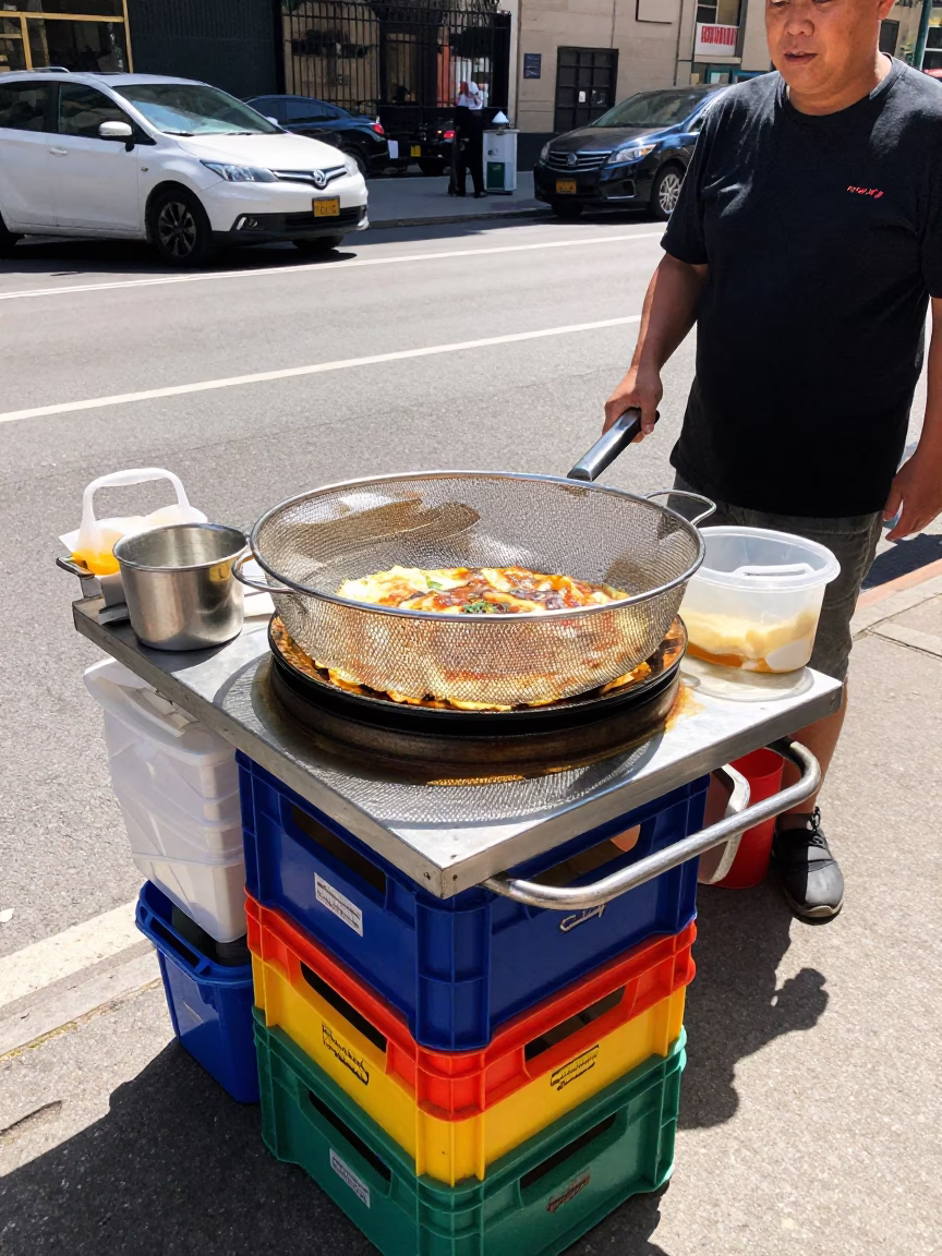 Midday New York Street Scene with Mesh Colander and Okonomiyaki Plate in in New York, New York, United States