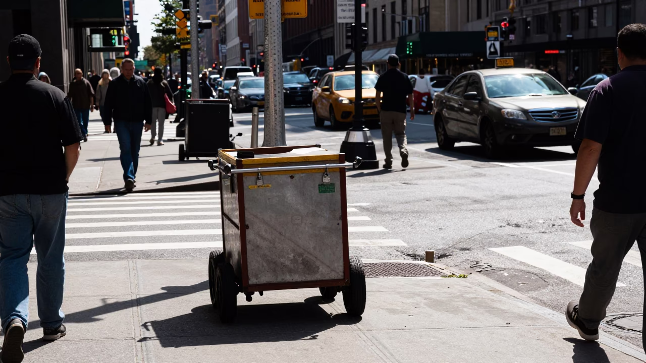 Midday New York Street Scene with Rolling Carts and Urban Activity in in New York, New York, United States
