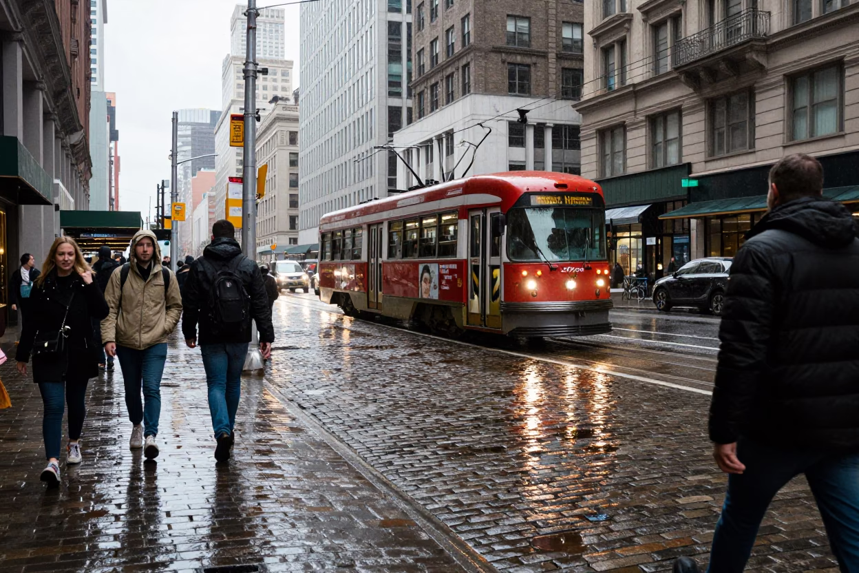 Midday New York Street Scene with Tramcar Reflection in Rain on Cobblestones in in New York, New York, United States