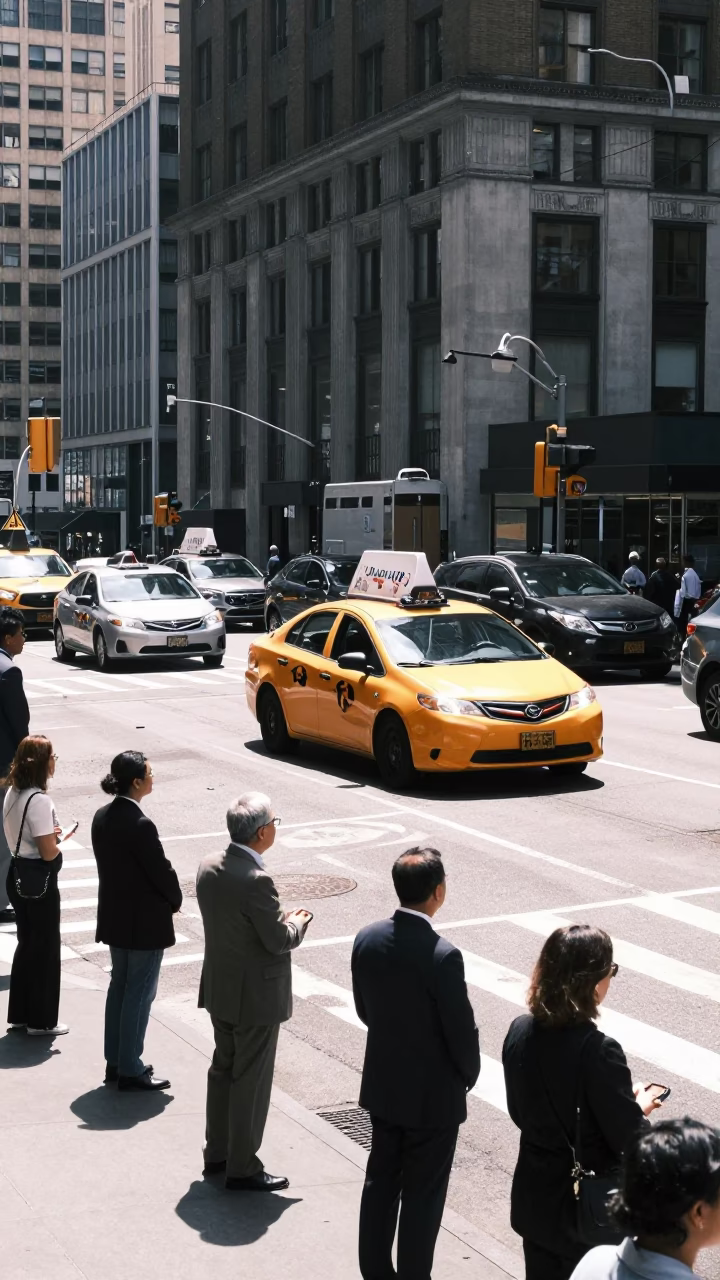 Midday New York Street Scene with Yellow Taxi and City Traffic in in New York, New York, United States