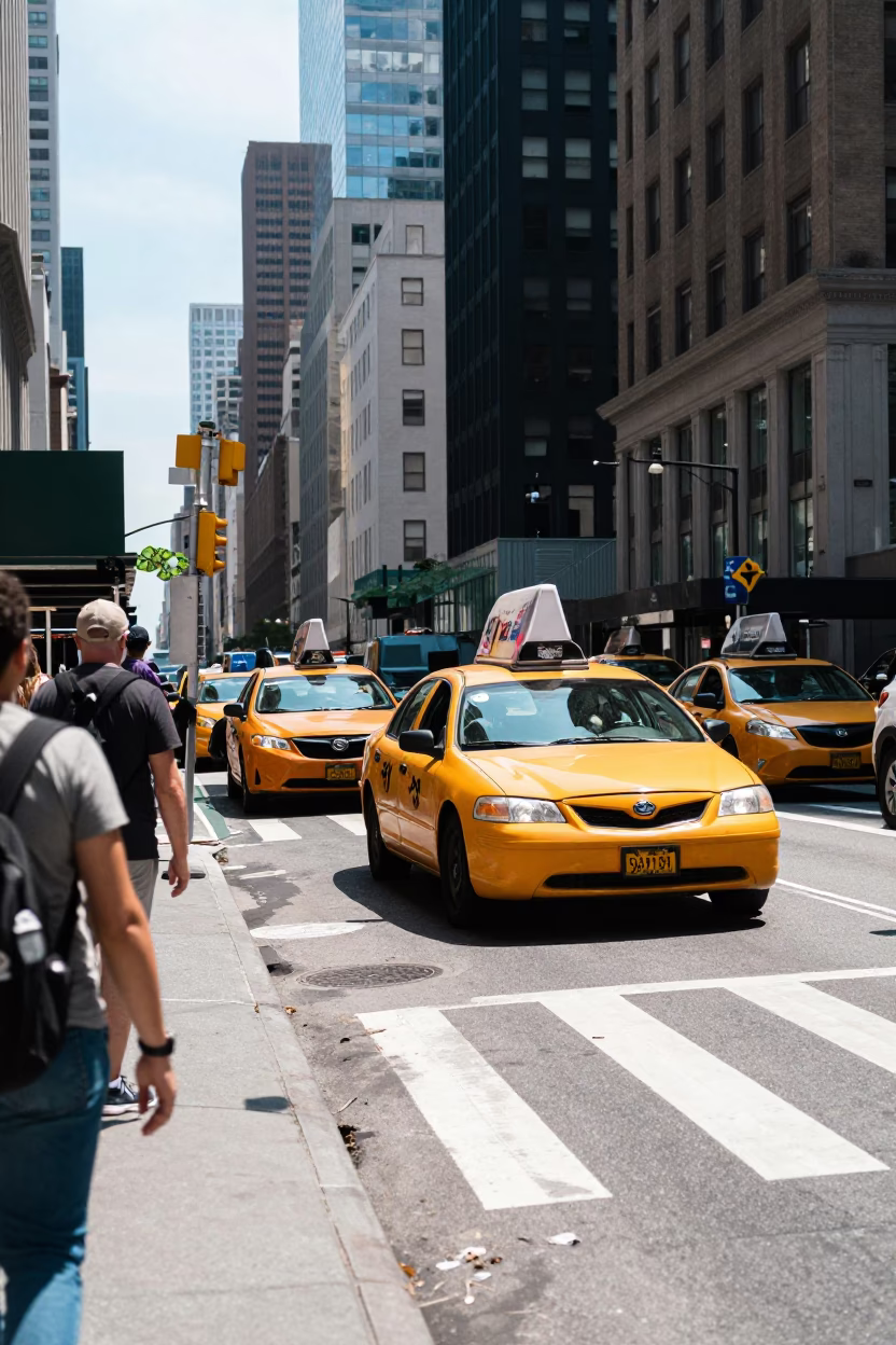 Midday New York Street Scene with Yellow Taxi and Pedestrians in in New York, New York, United States