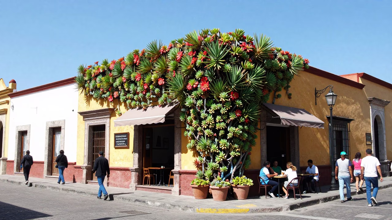 Midday Oaxaca Street Scene with Succulent Living Wall and Clay Teapot Detail in in Oaxaca, Mexico